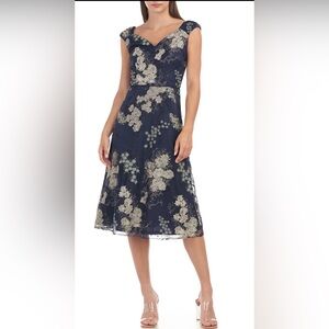JS Collections Navy Blue Midi Dress with Gold Floral Embroidery